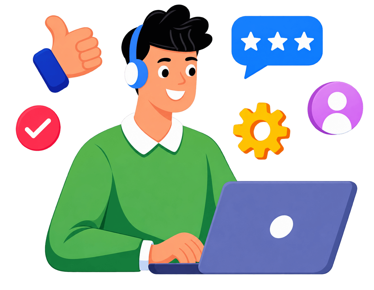 Customer Support persona wearing a headset, working at a laptop